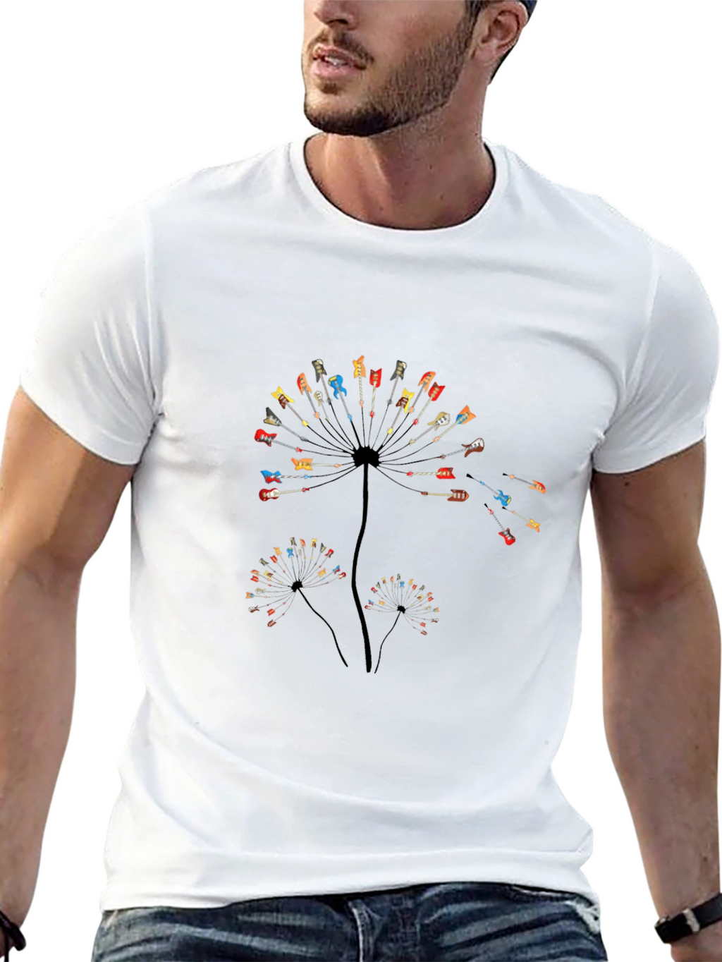 Guitar Dandelion Graphic Tee - Black Cotton Casual Shirt