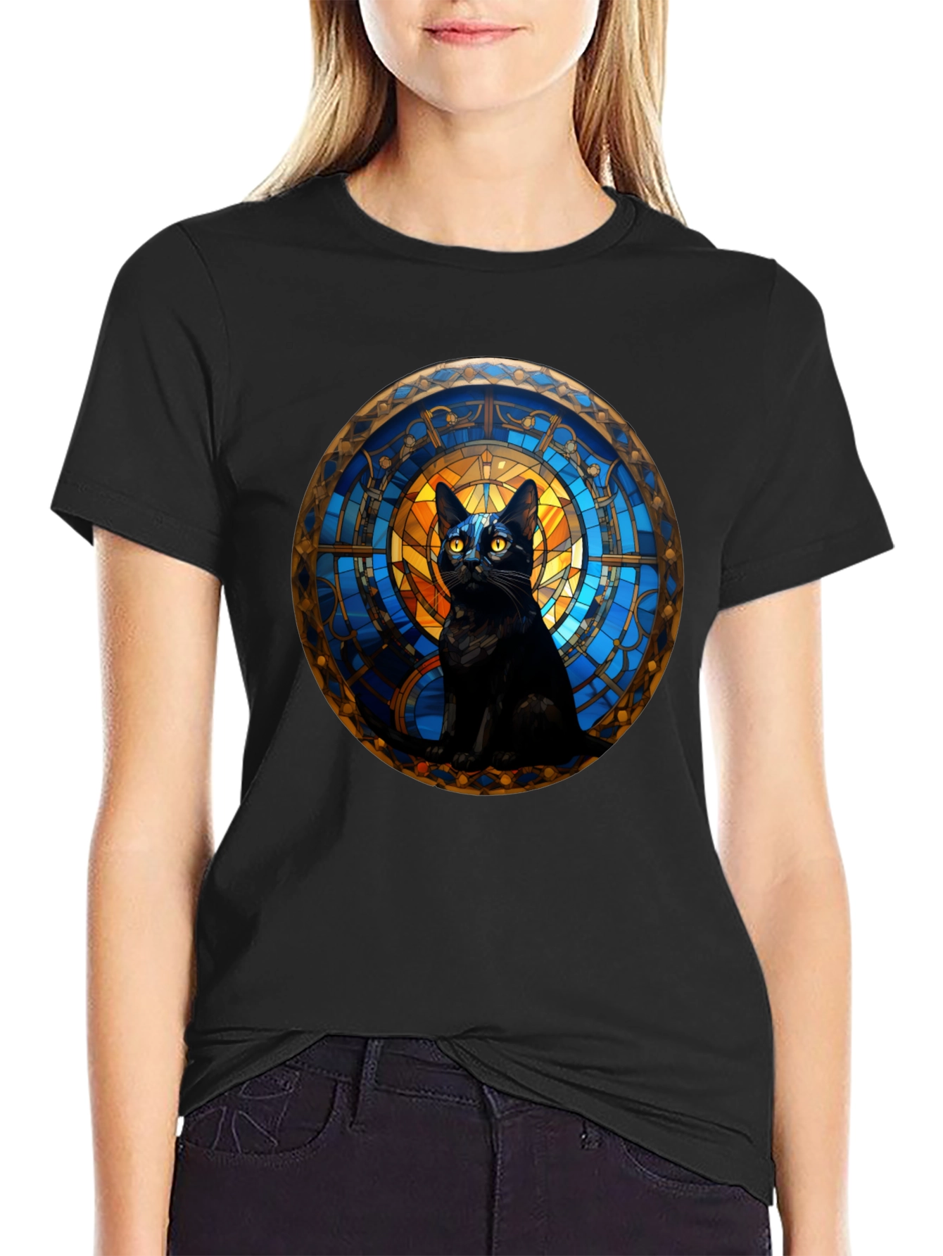 Black Cat Stained Glass Art Graphic T-Shirt