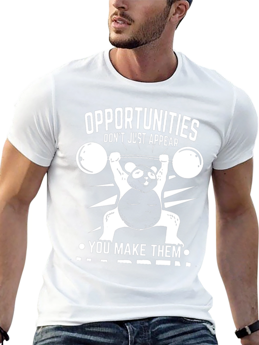 Funny Panda Weightlifting T-Shirt: Opportunities Happen!
