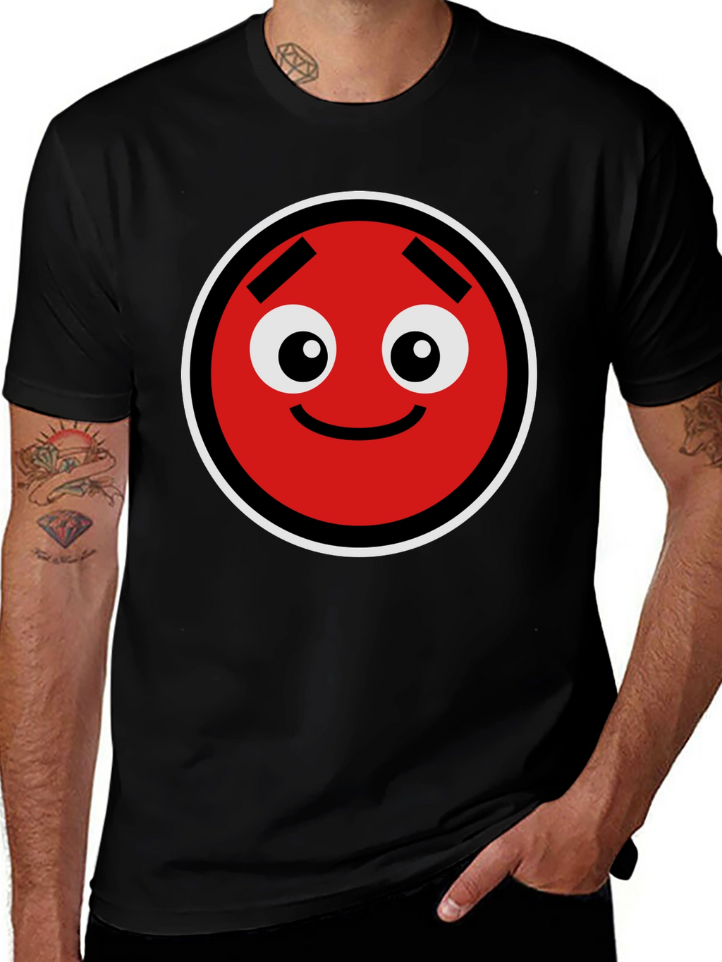 Fun Red Circle Face Graphic Black T-Shirt
