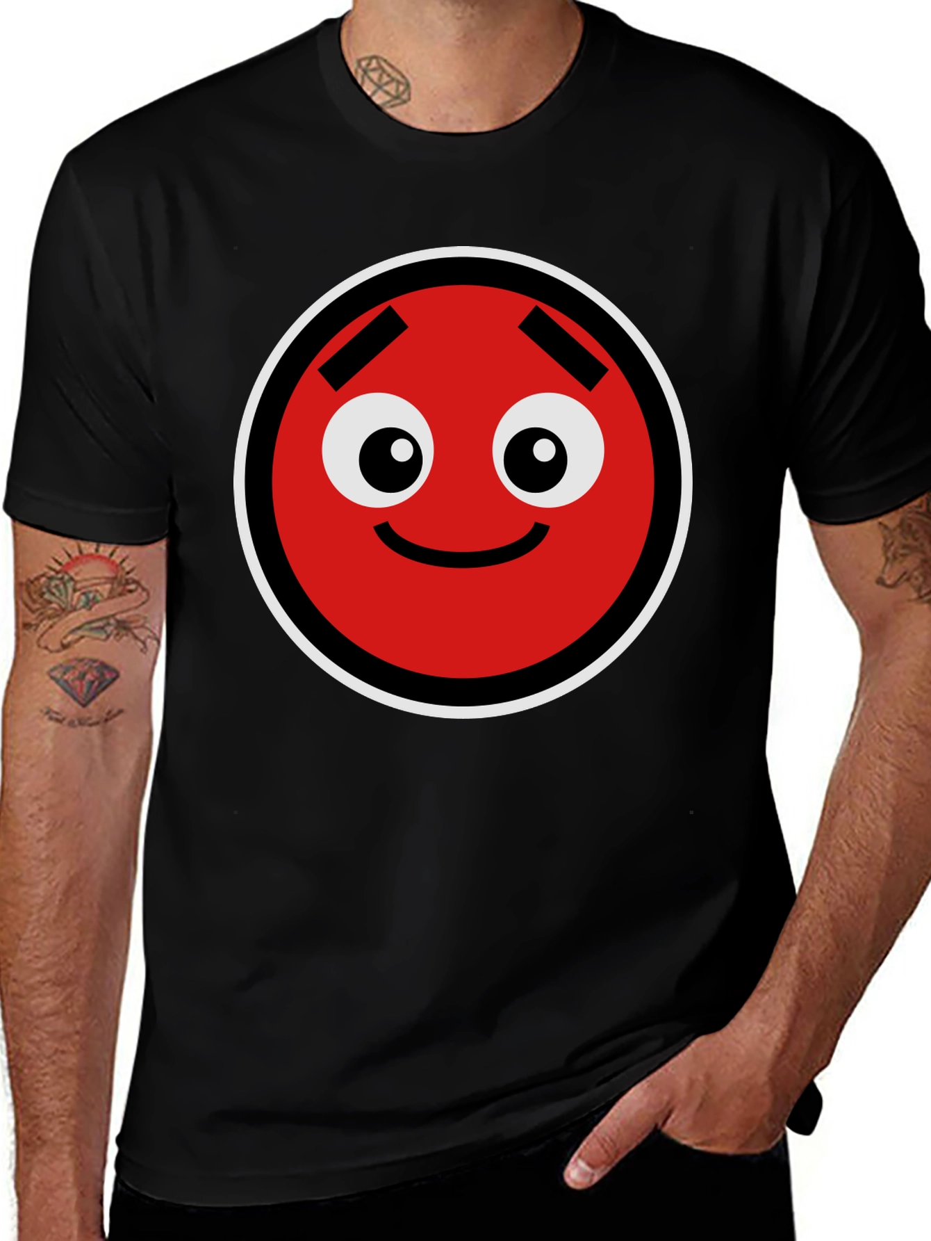 Fun Red Circle Face Graphic Black T-Shirt