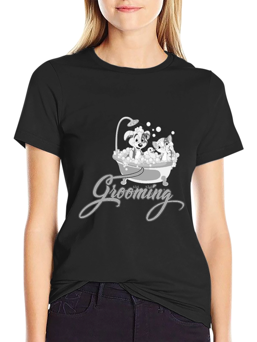 Cute Pet Grooming T-Shirt - Dog and Cat Cartoon