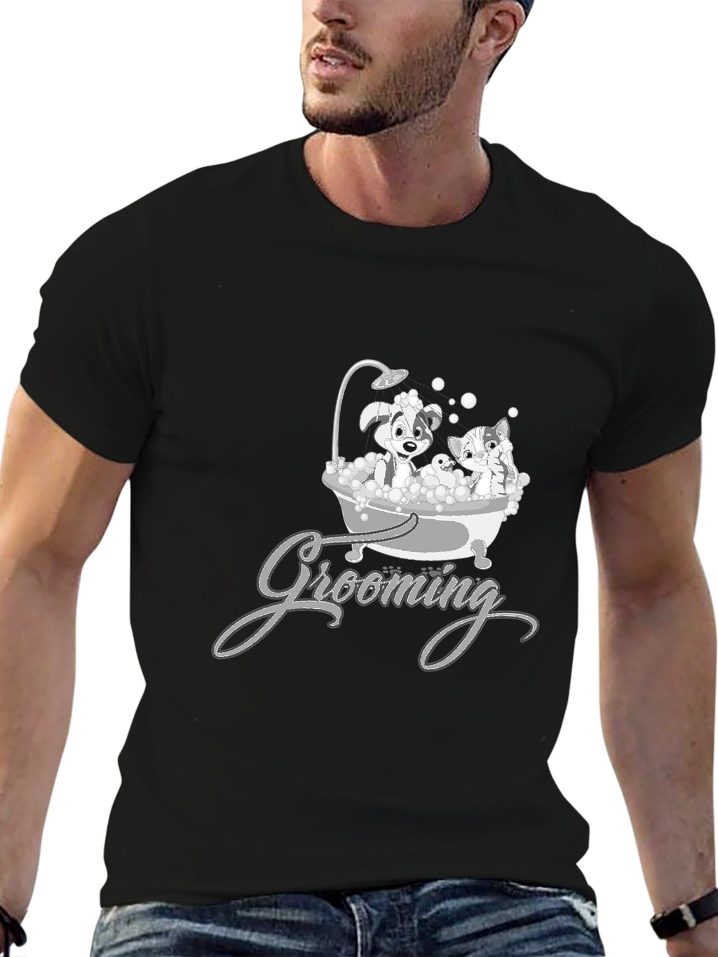 Cute Pet Grooming T-Shirt - Dog and Cat Cartoon
