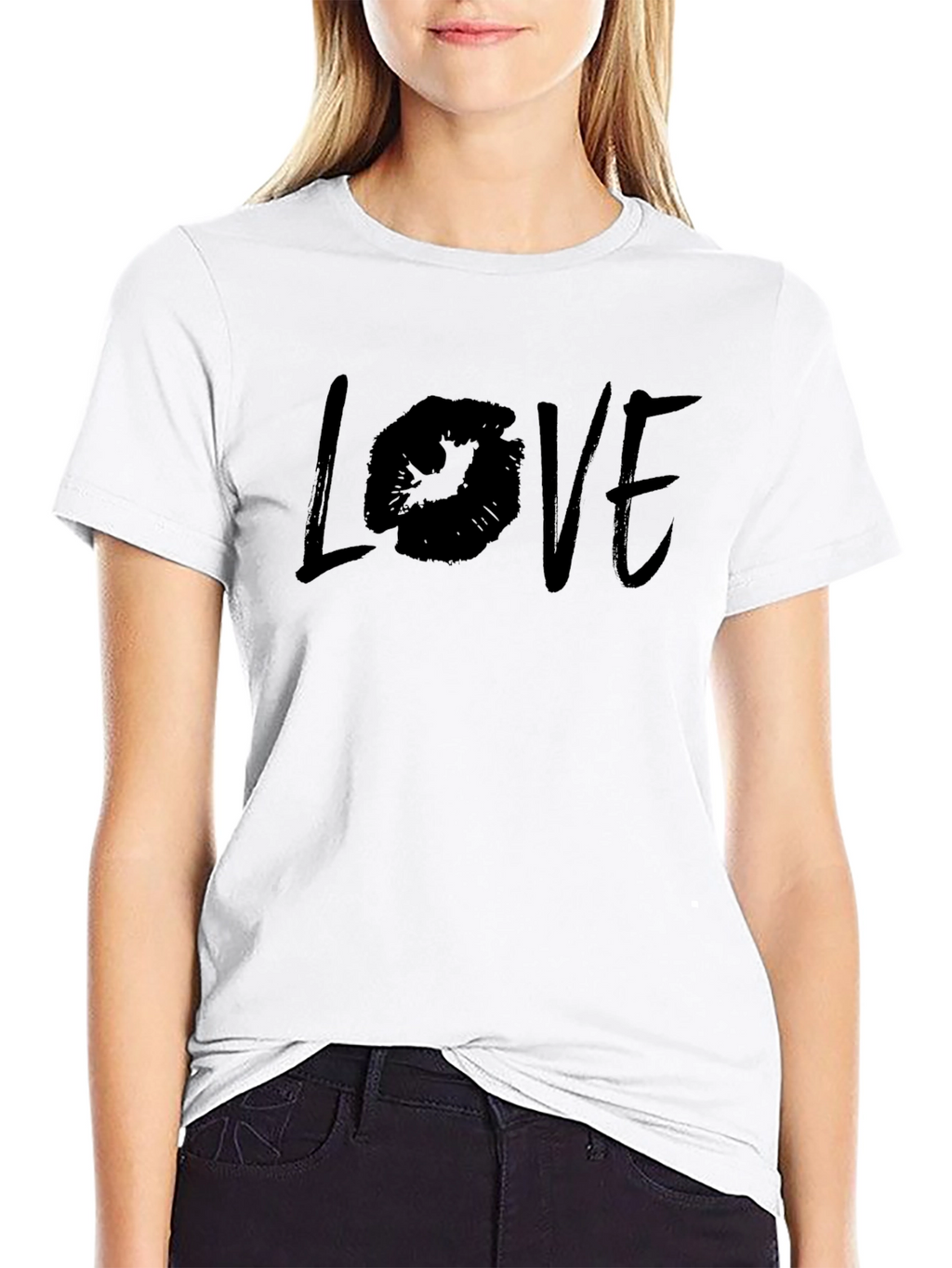 Love Lips Print Black Cotton T-Shirt