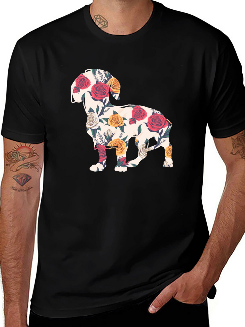 Floral Dog Silhouette T-Shirt - Unique Graphic Tee