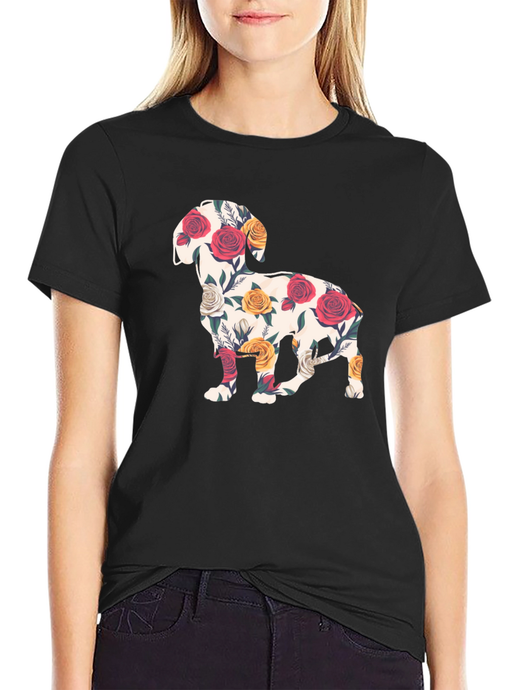 Floral Dog Silhouette T-Shirt - Unique Graphic Tee