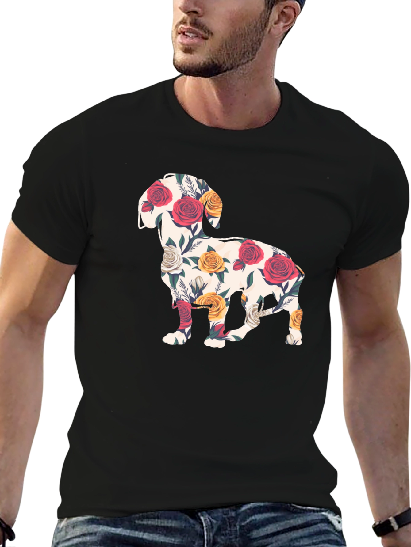 Floral Dog Silhouette T-Shirt - Unique Graphic Tee