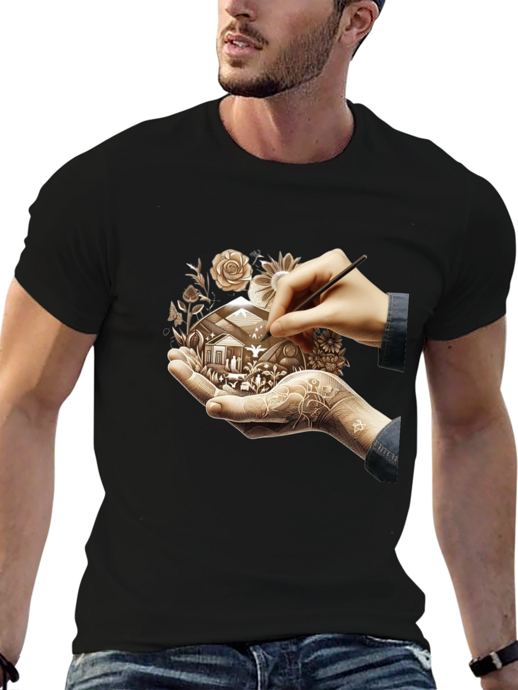 Artistic Design T-Shirt: Hand-Drawn Home Motif