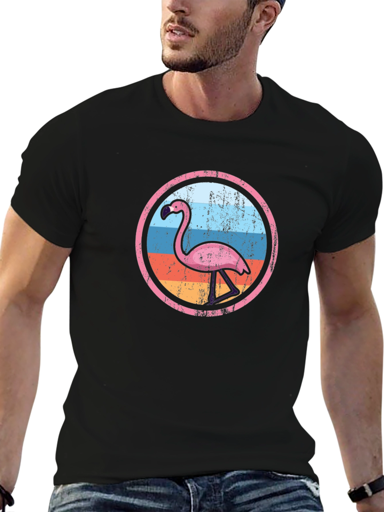 Retro Flamingo Graphic Tee - Mens Black T-Shirt