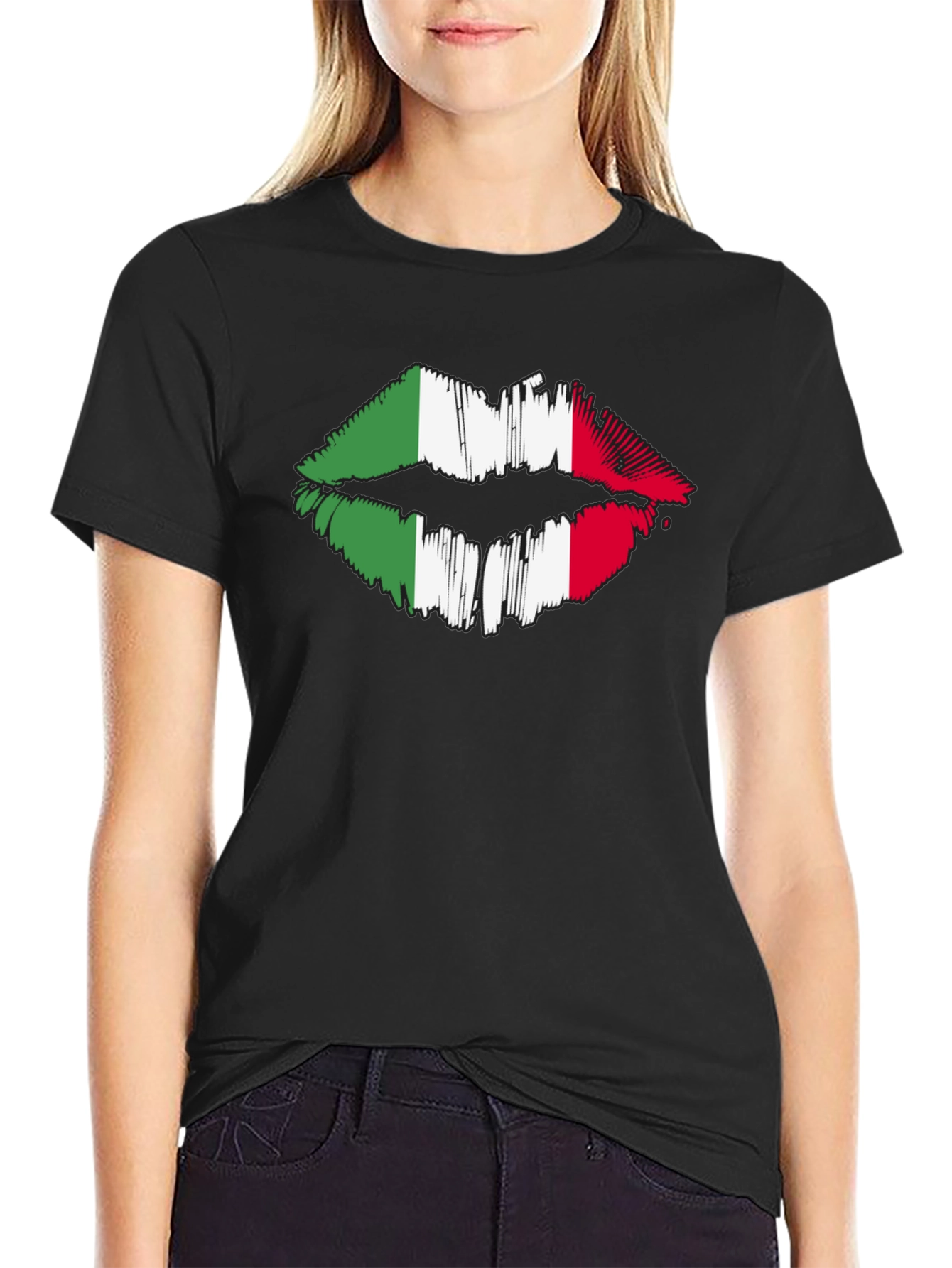 Italian Flag Lips Graphic Black T-Shirt