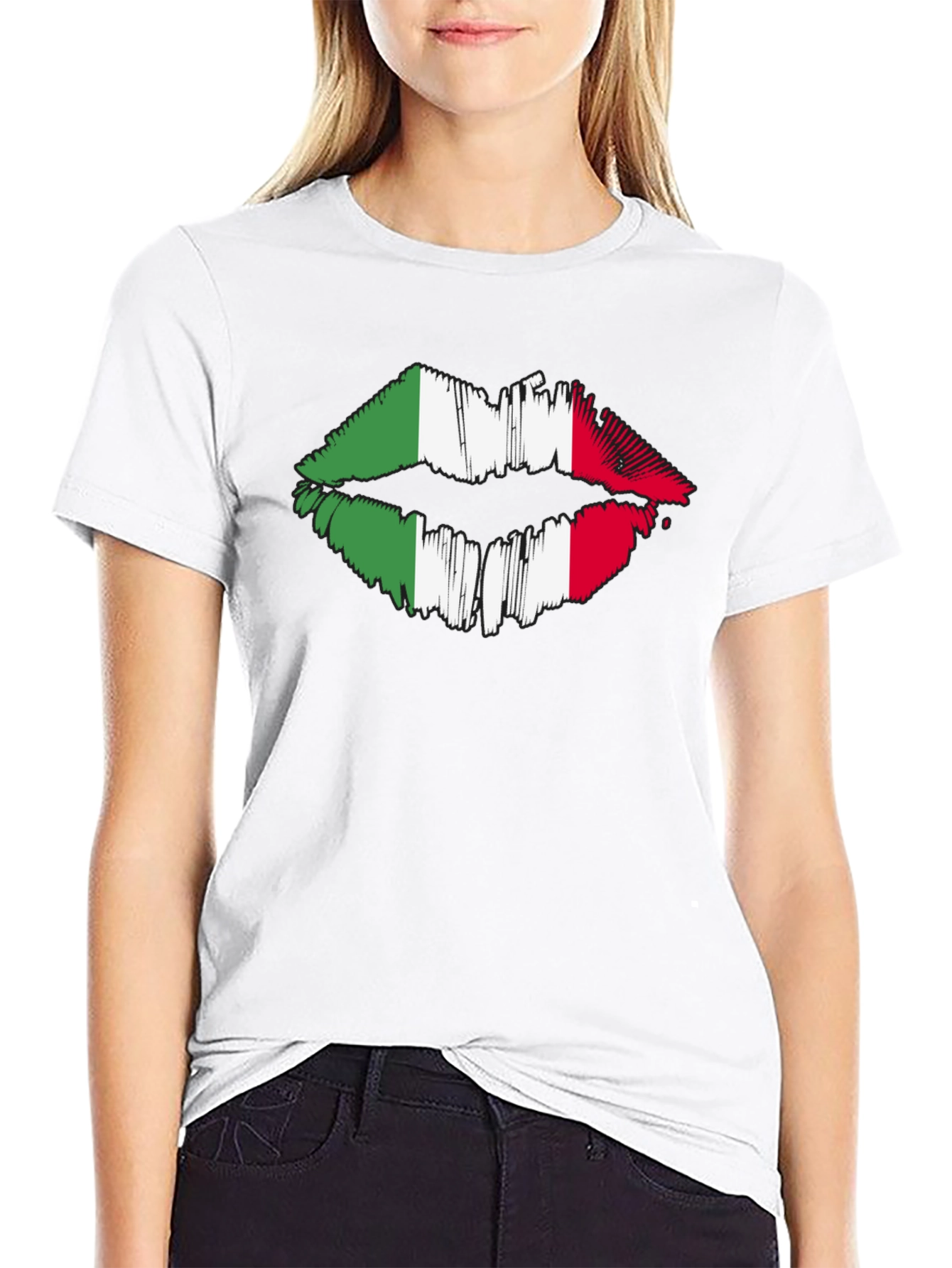 Italian Flag Lips Graphic Black T-Shirt