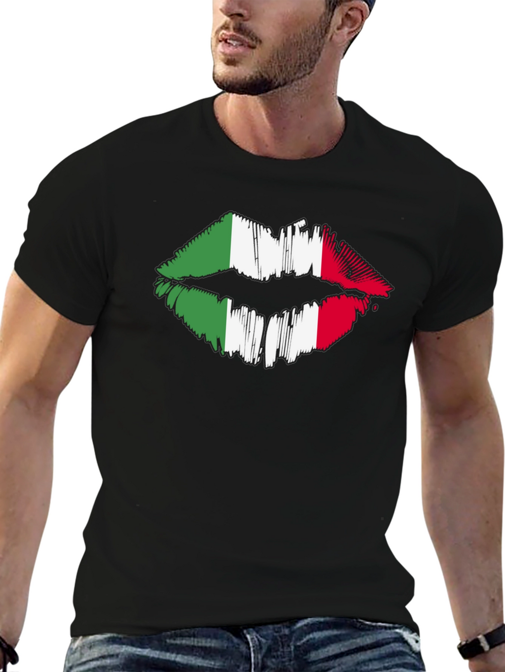 Italian Flag Lips Graphic Black T-Shirt