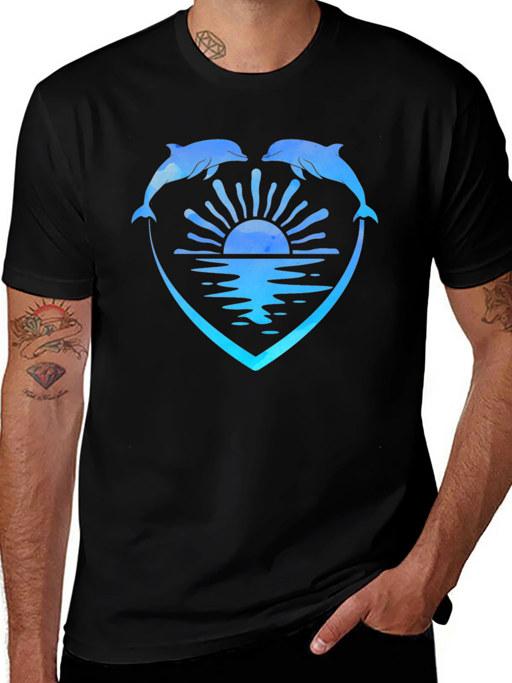 Dolphin Heart Sunset Graphic Tee - Black