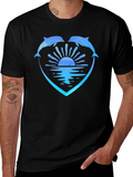 Dolphin Heart Sunset Graphic Tee - Black