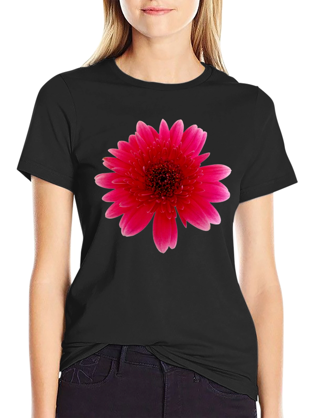 Vibrant Pink Gerbera Flower Black T-Shirt