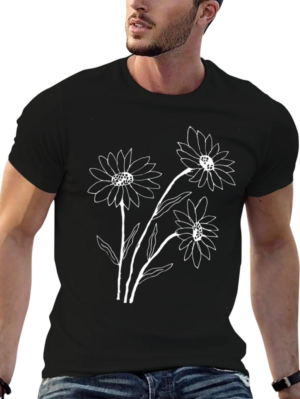 Black Graphic Tee with White Floral Design