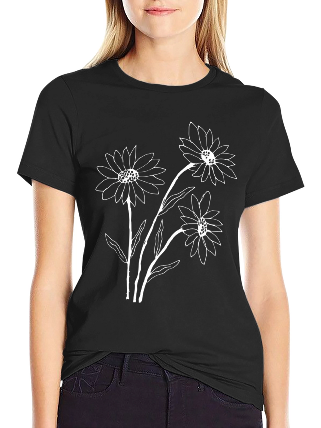 Black Graphic Tee with White Floral Design