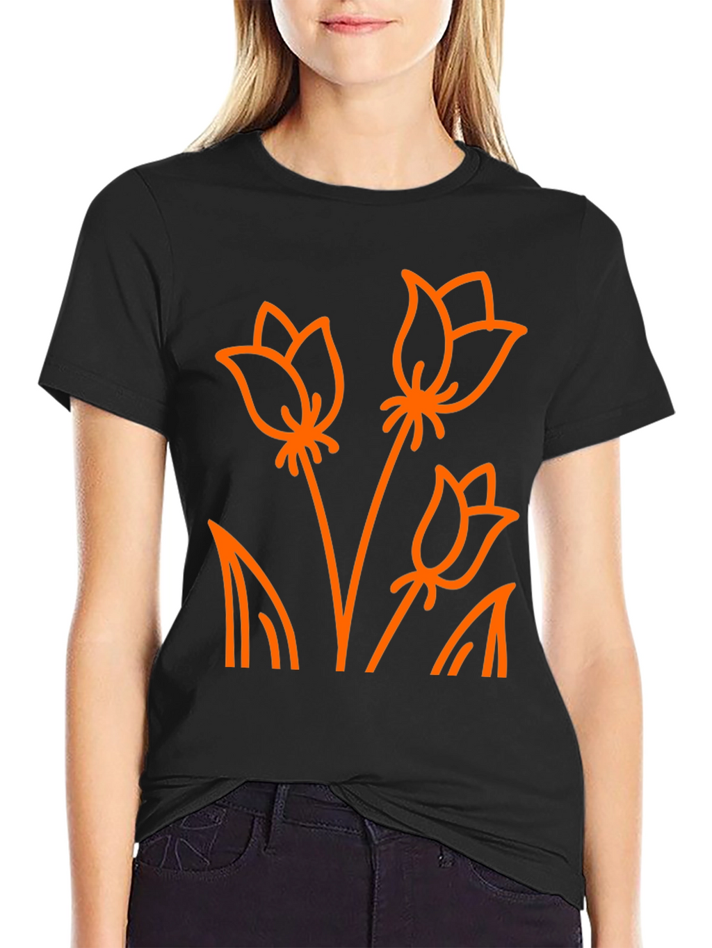 Floral Outline T-Shirt - Black Cotton Tee