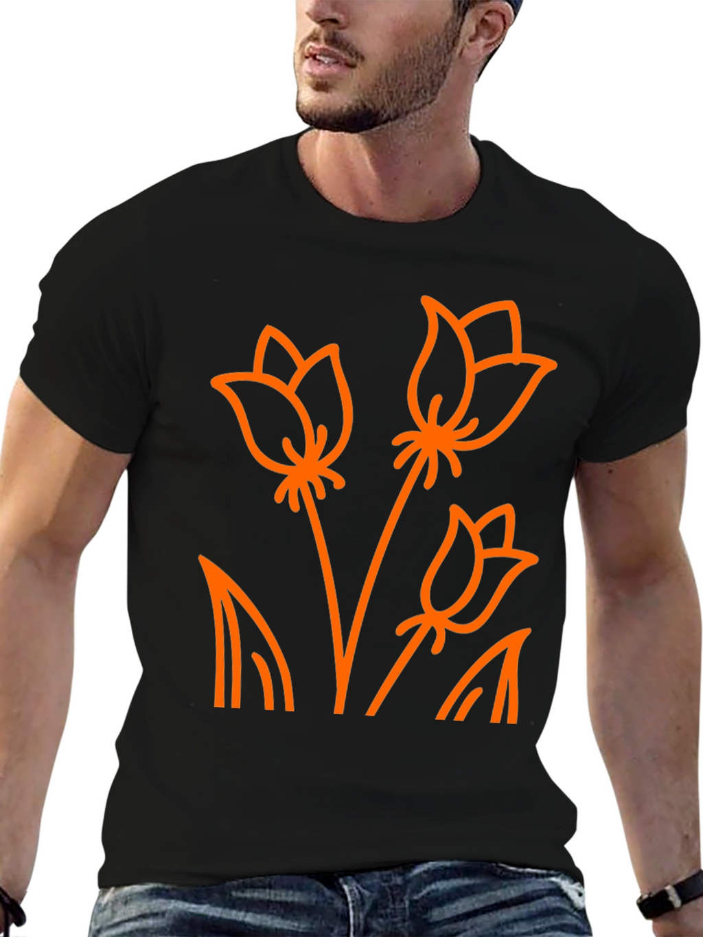 Floral Outline T-Shirt - Black Cotton Tee