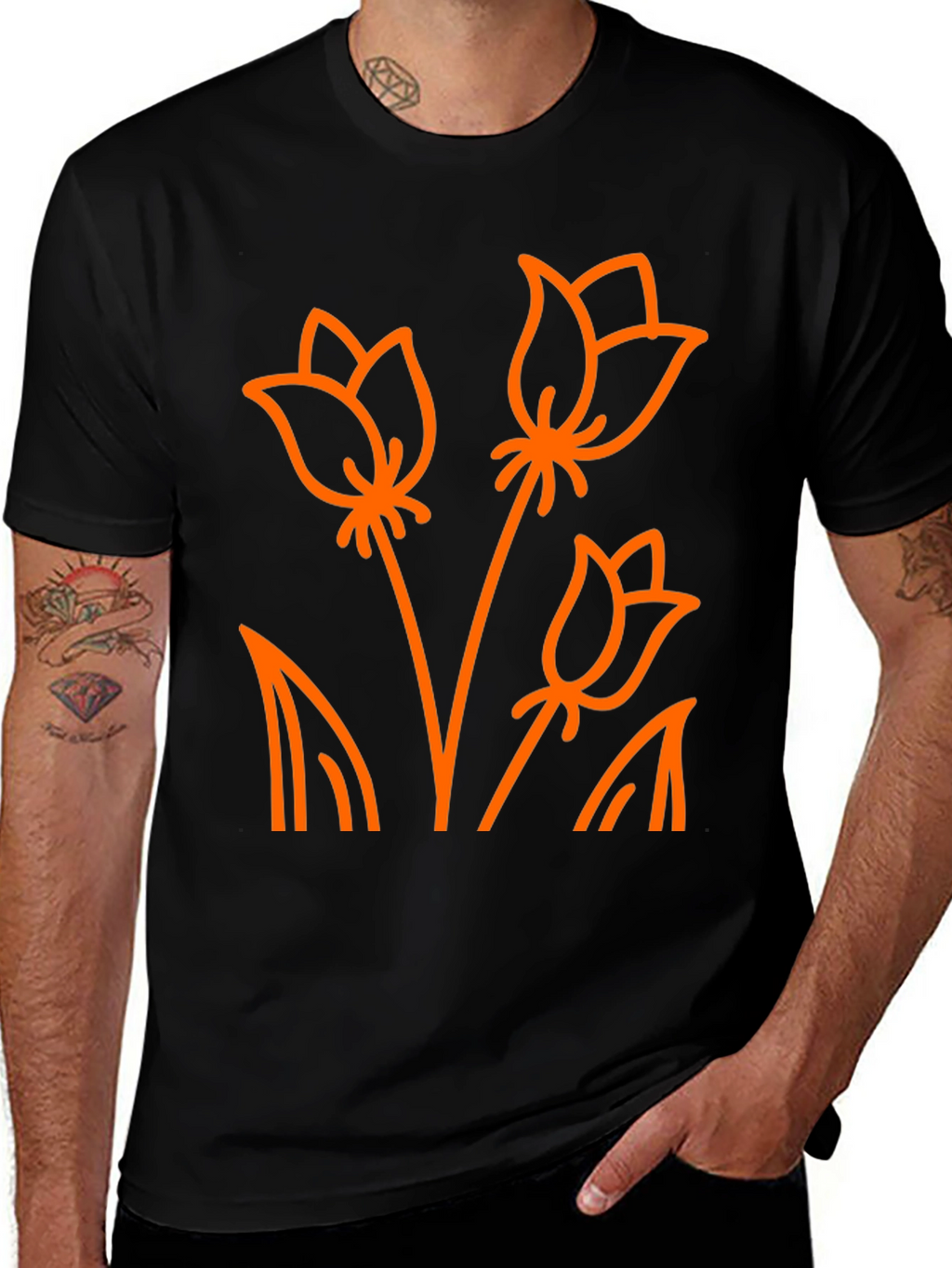 Floral Outline T-Shirt - Black Cotton Tee