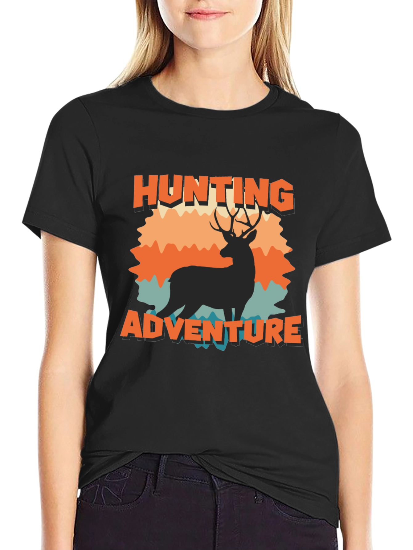 Hunting Adventure Black T-Shirt Deer Graphic