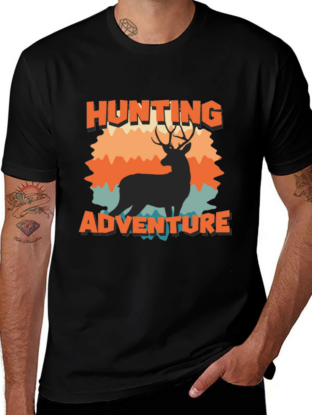 Hunting Adventure Black T-Shirt Deer Graphic