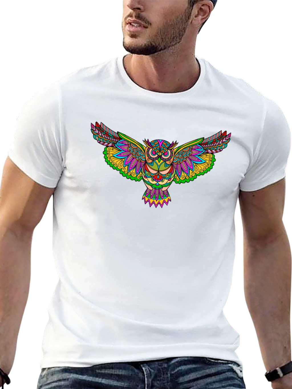 Vibrant Owl Graphic Print Black T-Shirt