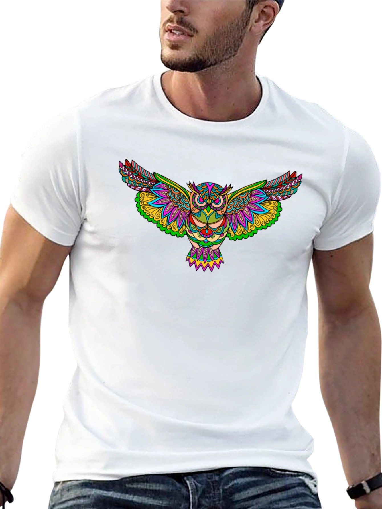 Vibrant Owl Graphic Print Black T-Shirt