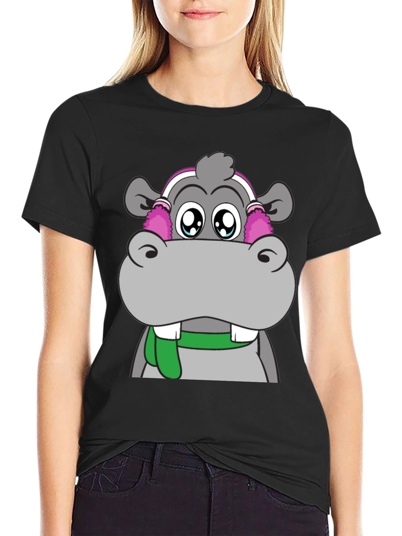 Hippo with Earmuffs Graphic Tee - Unique Design