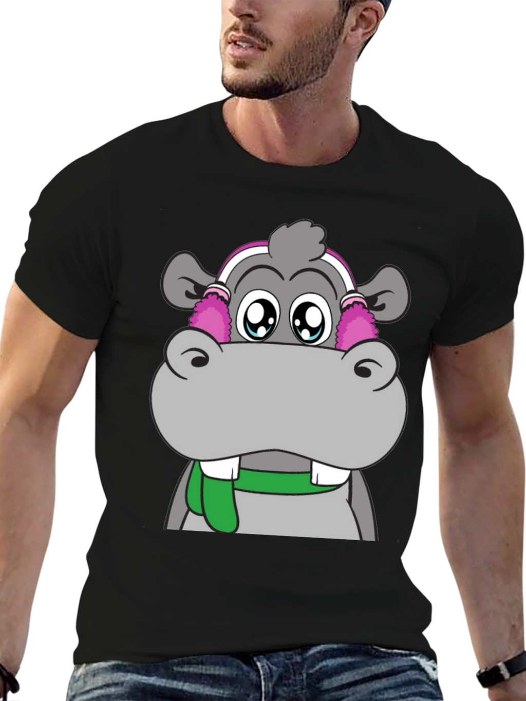 Hippo with Earmuffs Graphic Tee - Unique Design