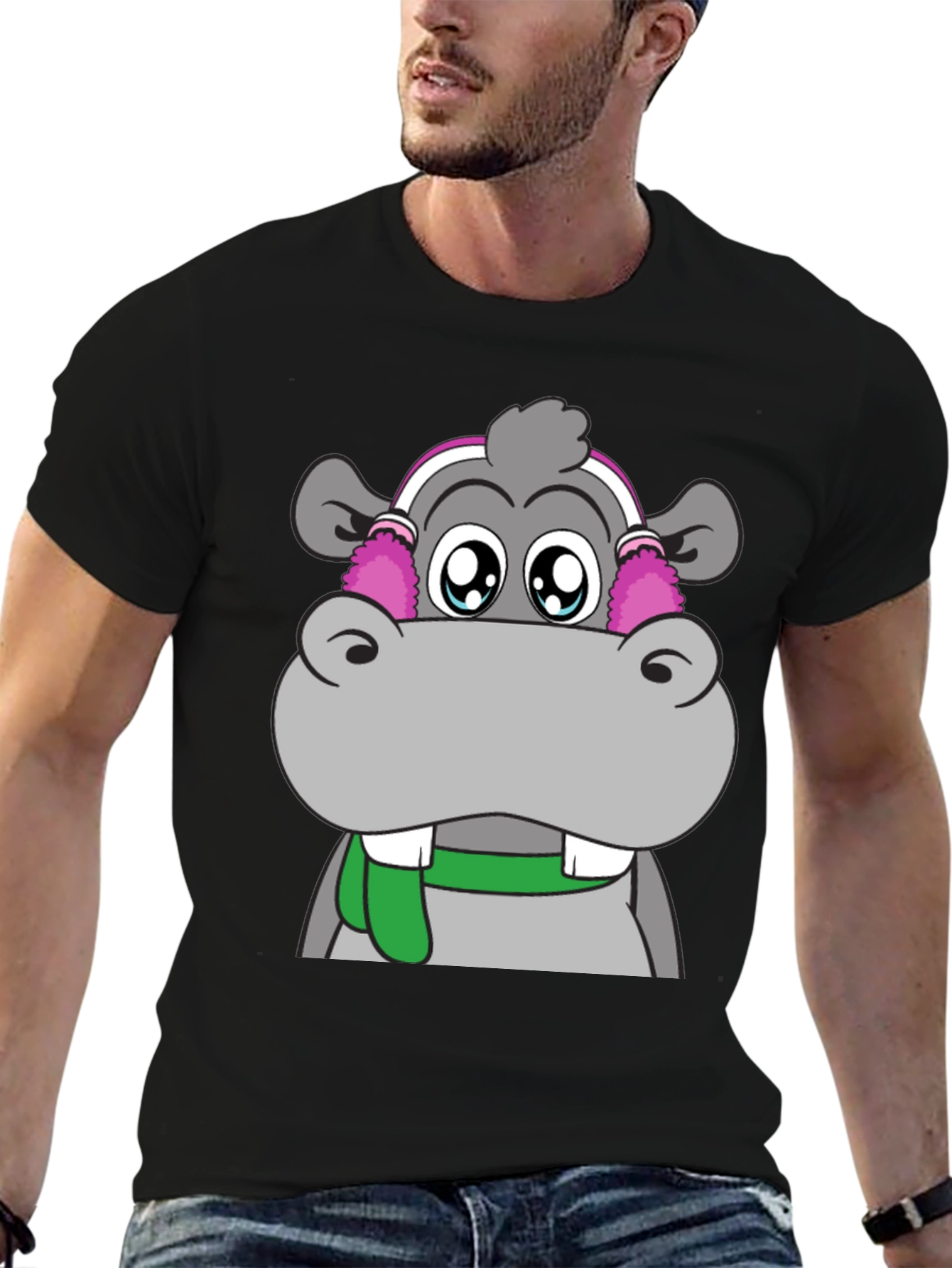 Hippo with Earmuffs Graphic Tee - Unique Design