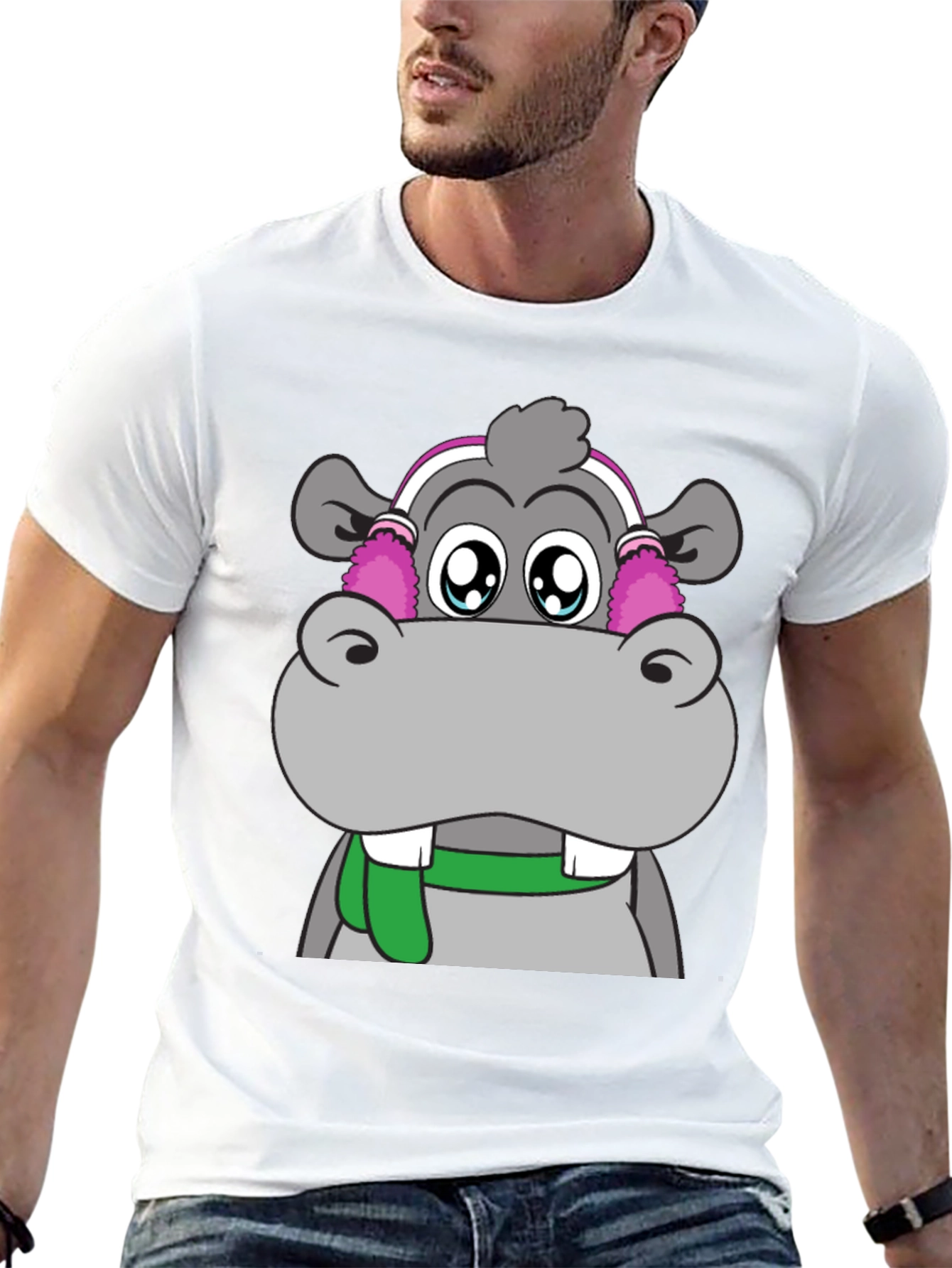 Hippo with Earmuffs Graphic Tee - Unique Design