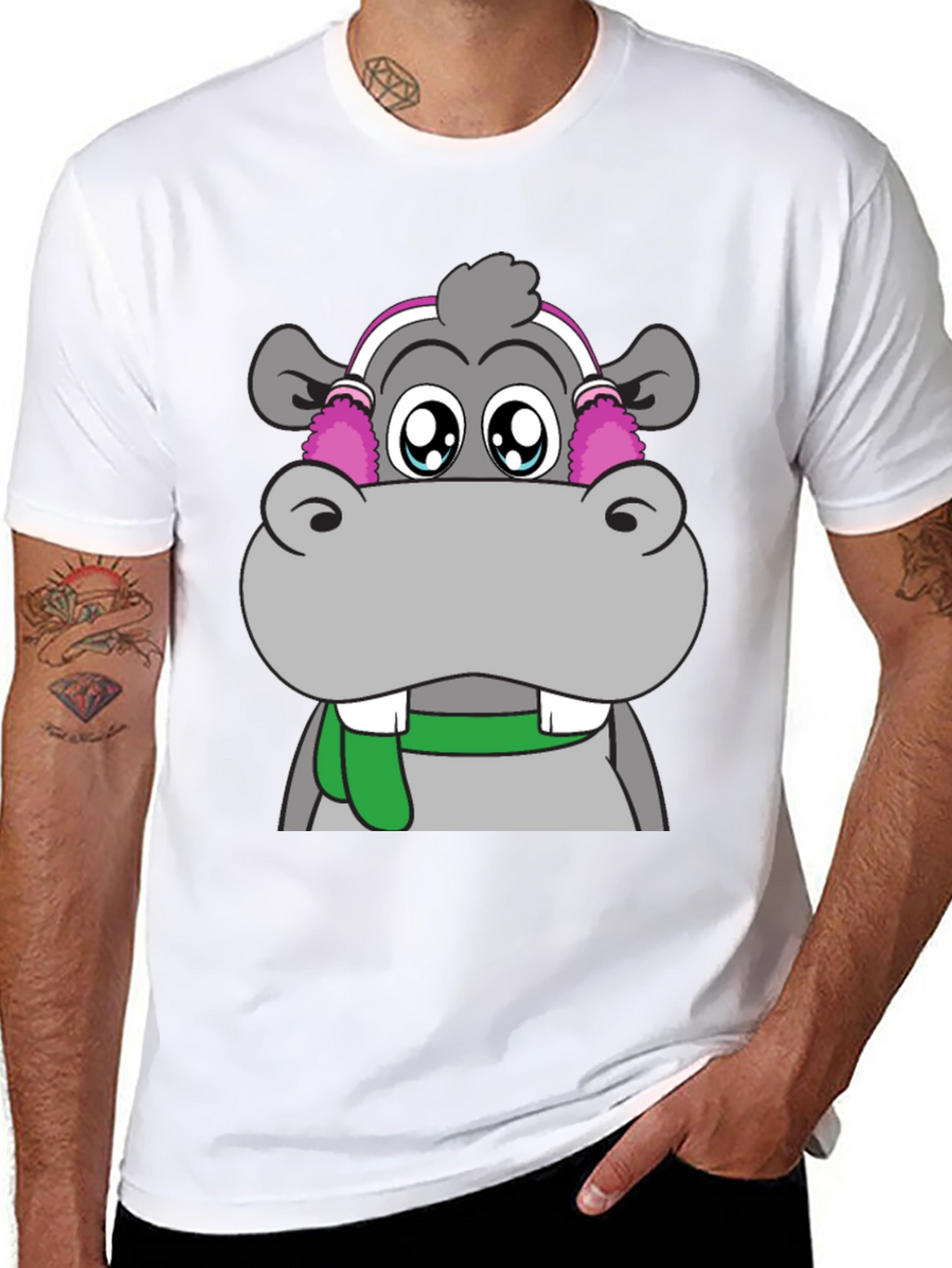Hippo with Earmuffs Graphic Tee - Unique Design