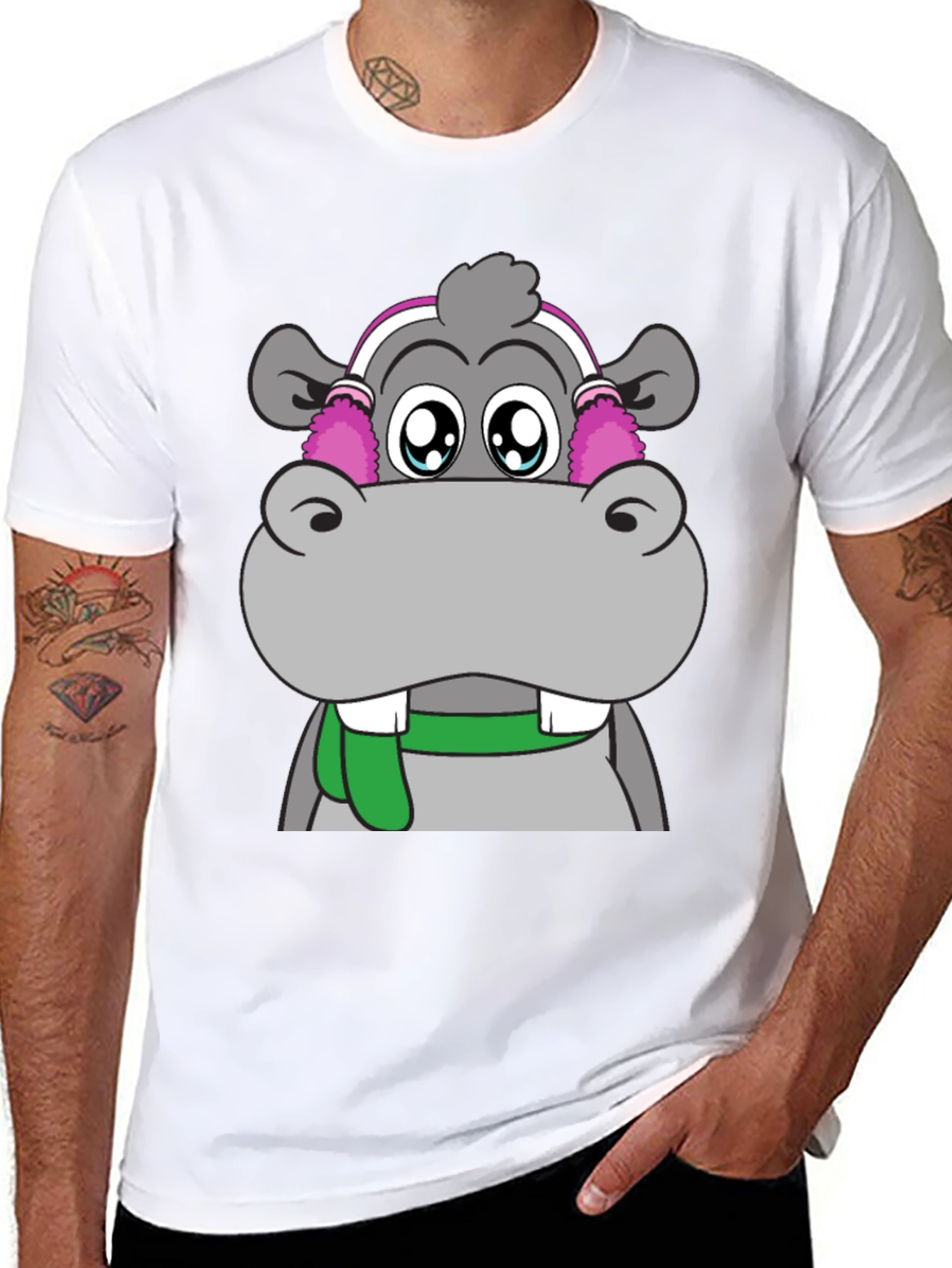 Hippo with Earmuffs Graphic Tee - Unique Design
