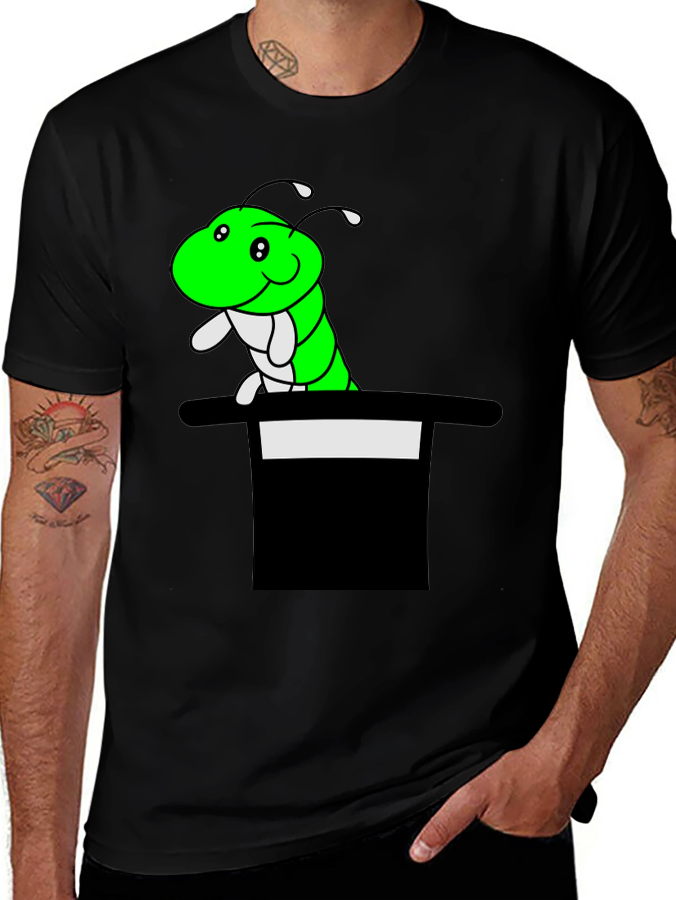 Caterpillar in Hat T-Shirt - Funny Cartoon Tee