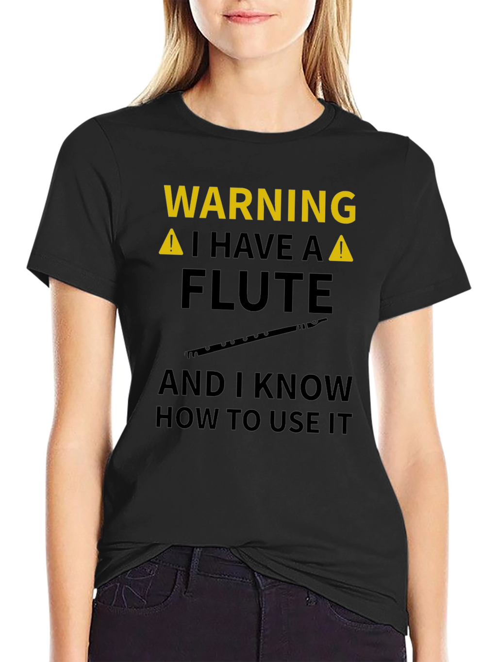 Warning Flute Player Black Graphic Tee