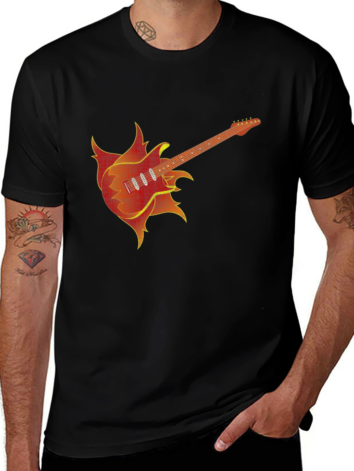 Fiery Guitar Graphic Tee - Black Cotton T-Shirt