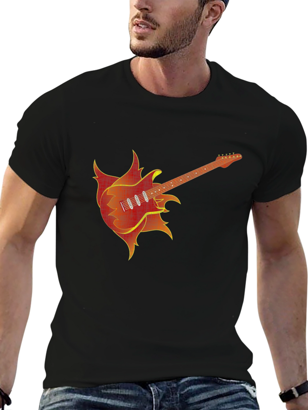 Fiery Guitar Graphic Tee - Black Cotton T-Shirt