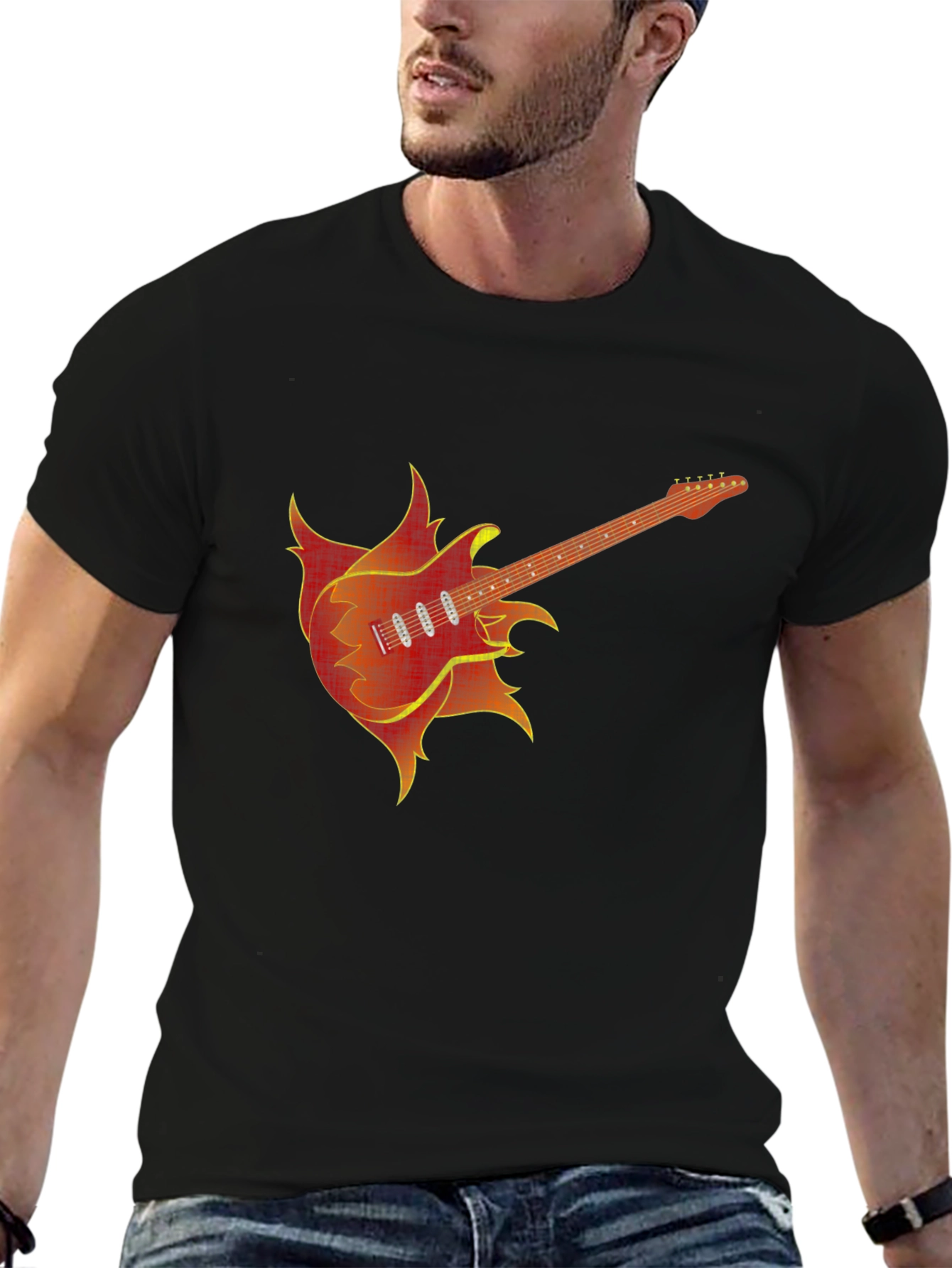 Fiery Guitar Graphic Tee - Black Cotton T-Shirt