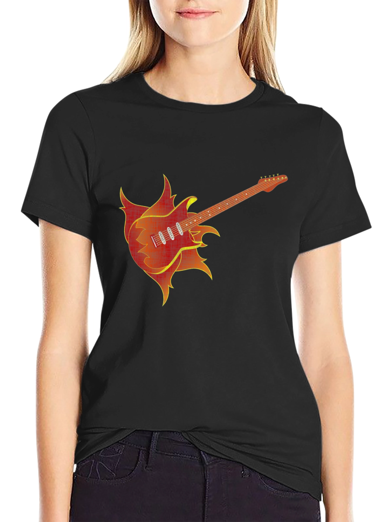 Fiery Guitar Graphic Tee - Black Cotton T-Shirt