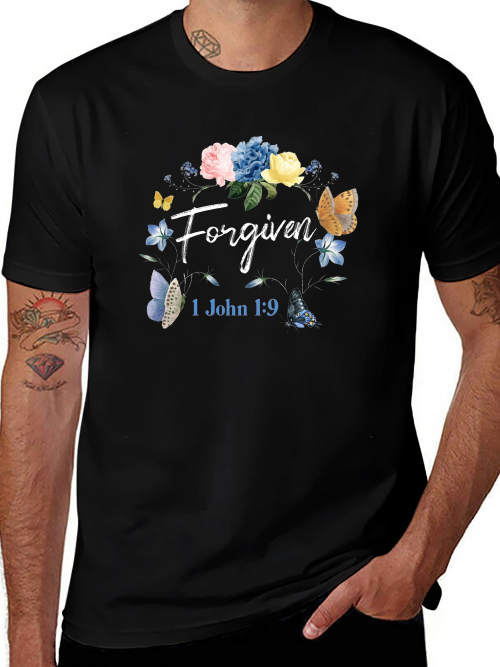 Forgiven Floral Butterfly Graphic T-Shirt