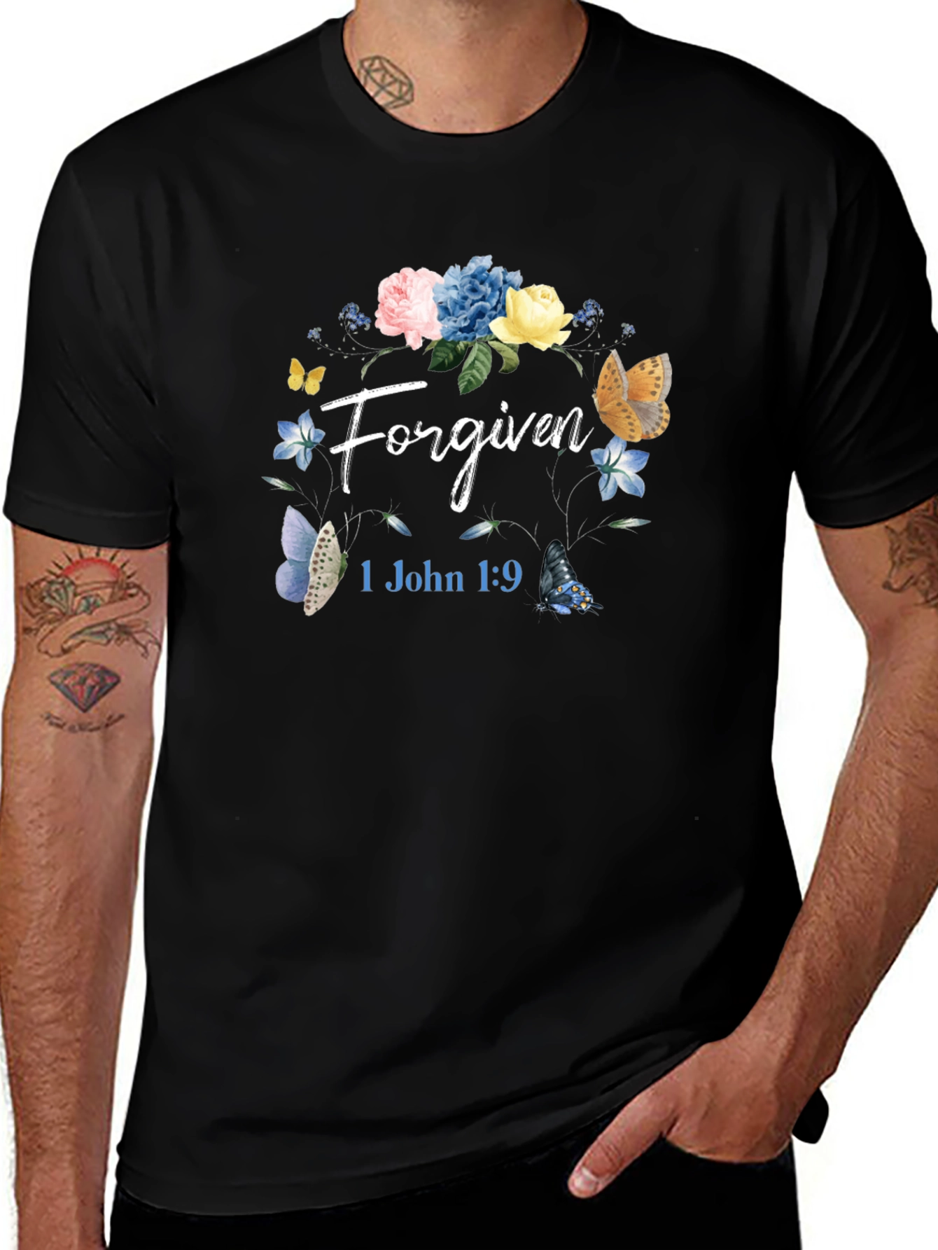 Forgiven Floral Butterfly Graphic T-Shirt