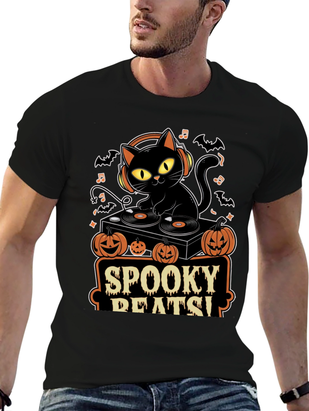 Spooky Beats Halloween DJ Cat Graphic Tee