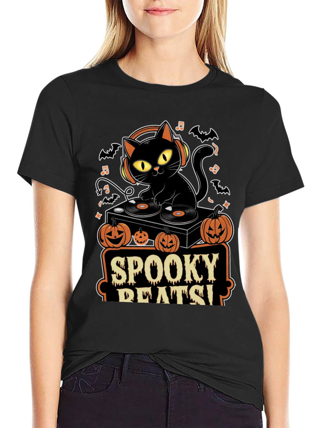 Spooky Beats Halloween DJ Cat Graphic Tee