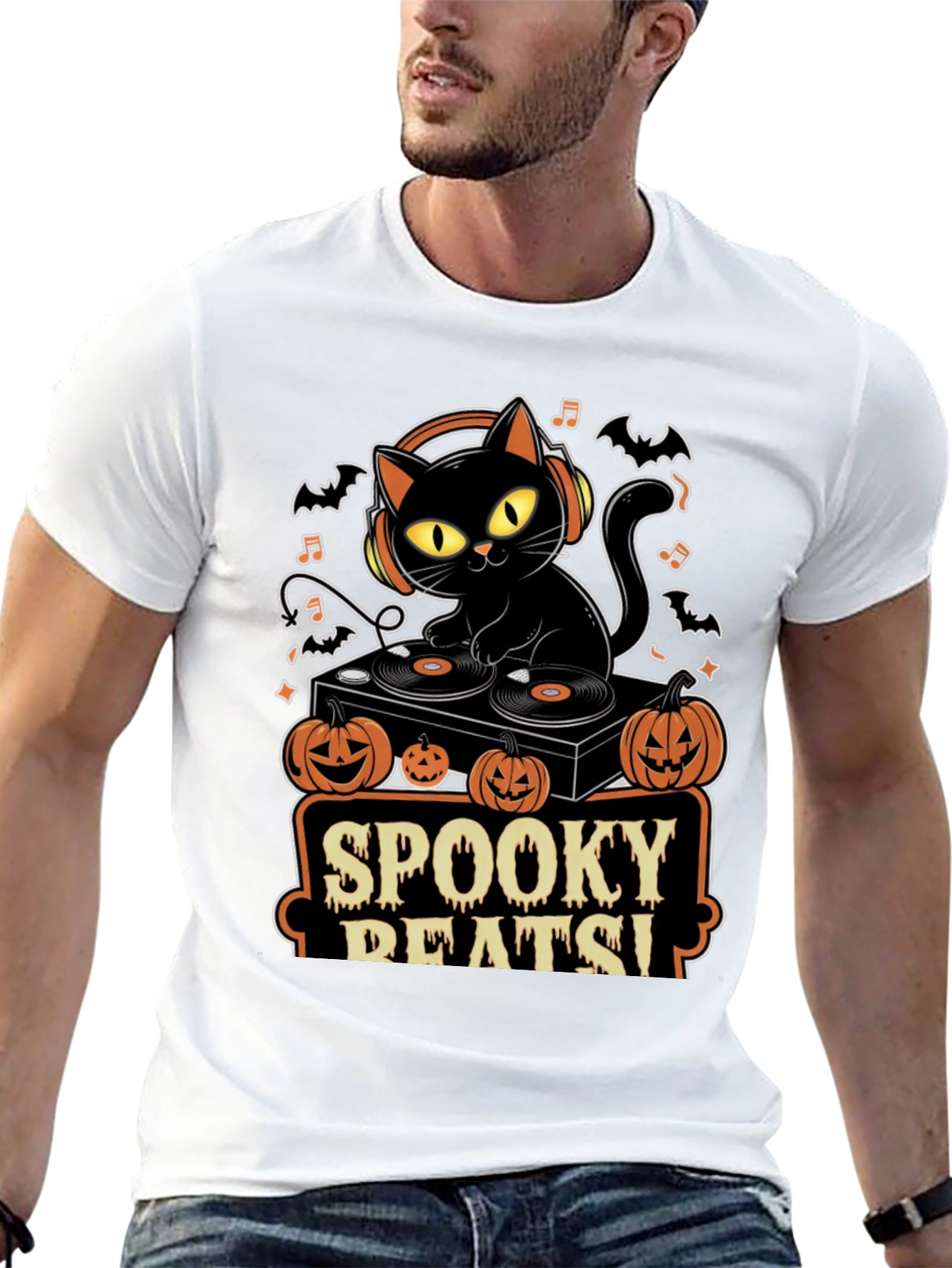 Spooky Beats Halloween DJ Cat Graphic Tee
