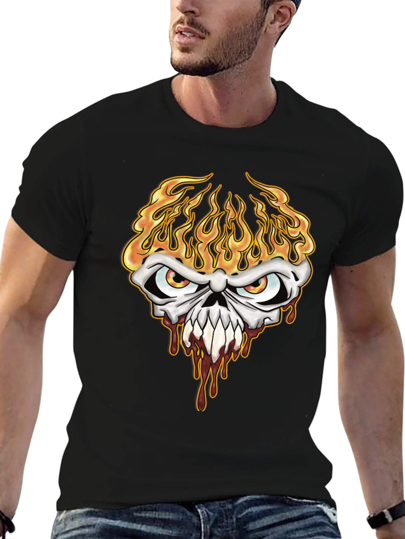 Fiery Skull Graphic Tee - Mens Black T-Shirt