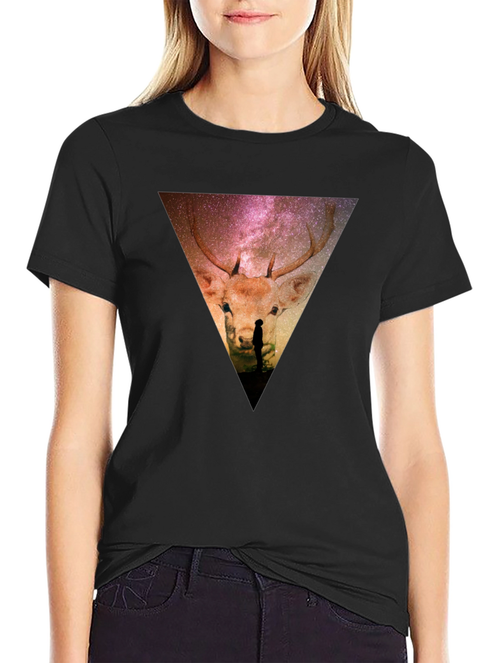 Cosmic Deer Graphic Tee - Black Casual Shirt