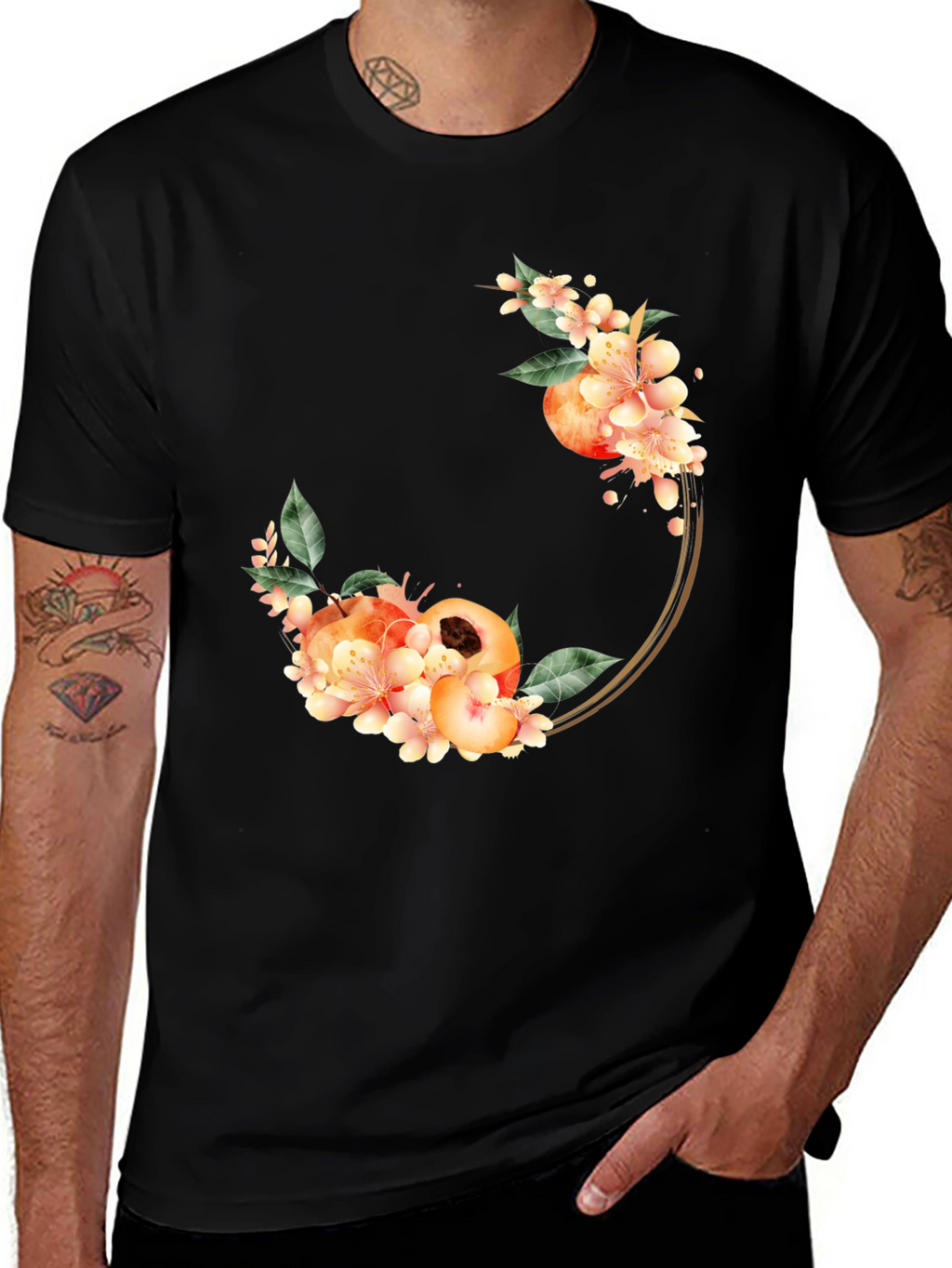Peach Floral Circle Black T-Shirt