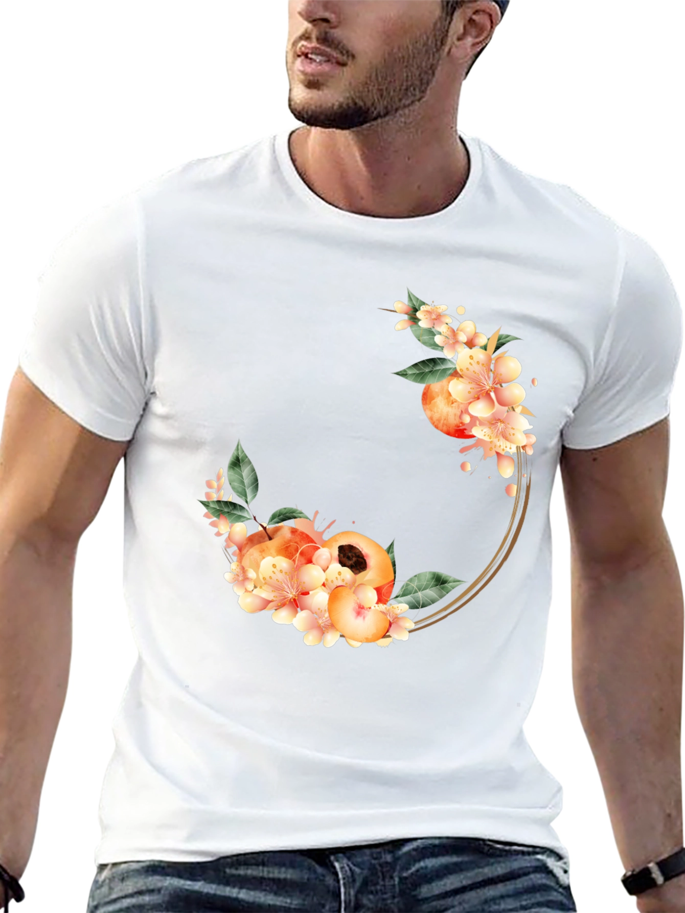 Peach Floral Circle Black T-Shirt