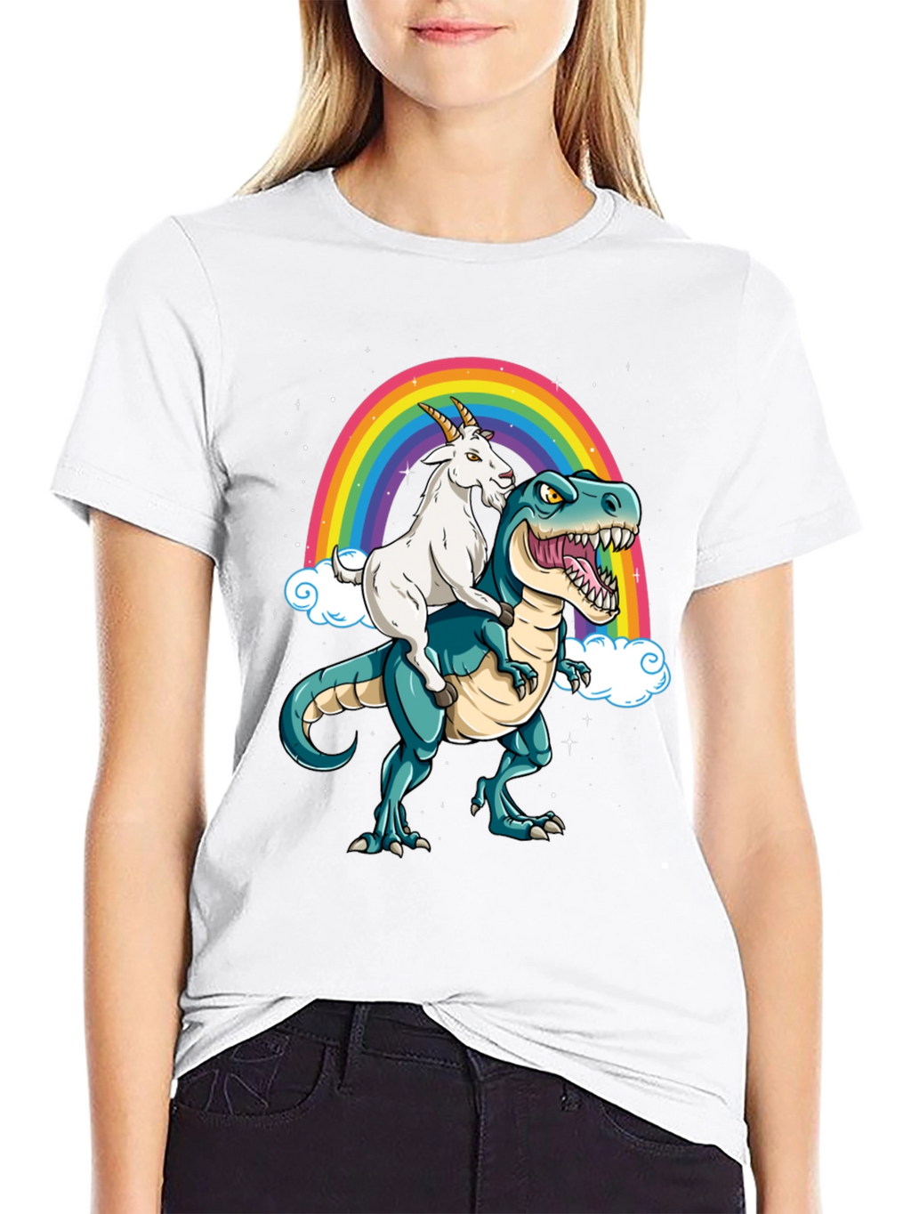 Goat Riding Dinosaur Rainbow T-Shirt